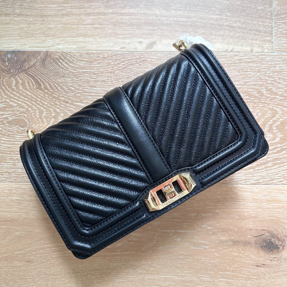 NEW Rebecca Minkoff Chevron Quilted Love Crossbody Black/Gold